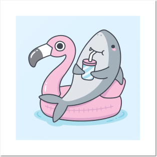 Cute Shark Chillin On Flamingo Pool Float Posters and Art